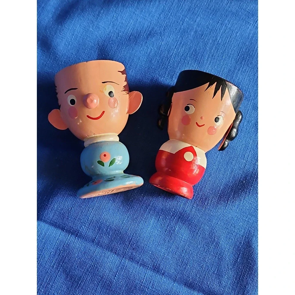 2‎ Wooden Egg Cups BOY GIRL Handmade Italy Sevi Vintage 1950s Hand Painted